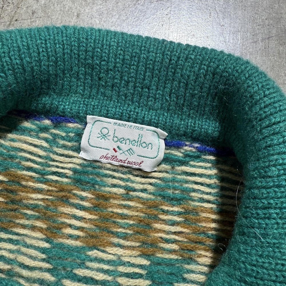 Benetton Sweater Mens Large Multicolor Fair Isle Wool Knit Collared Pullover - Picture 2 of 5